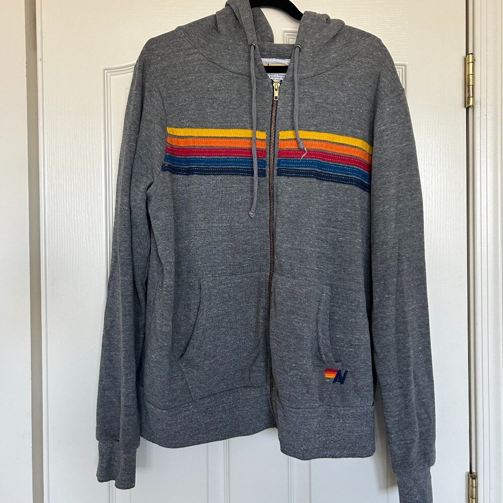 Aviator Nation Gray Hoodie with Rainbow Stripes